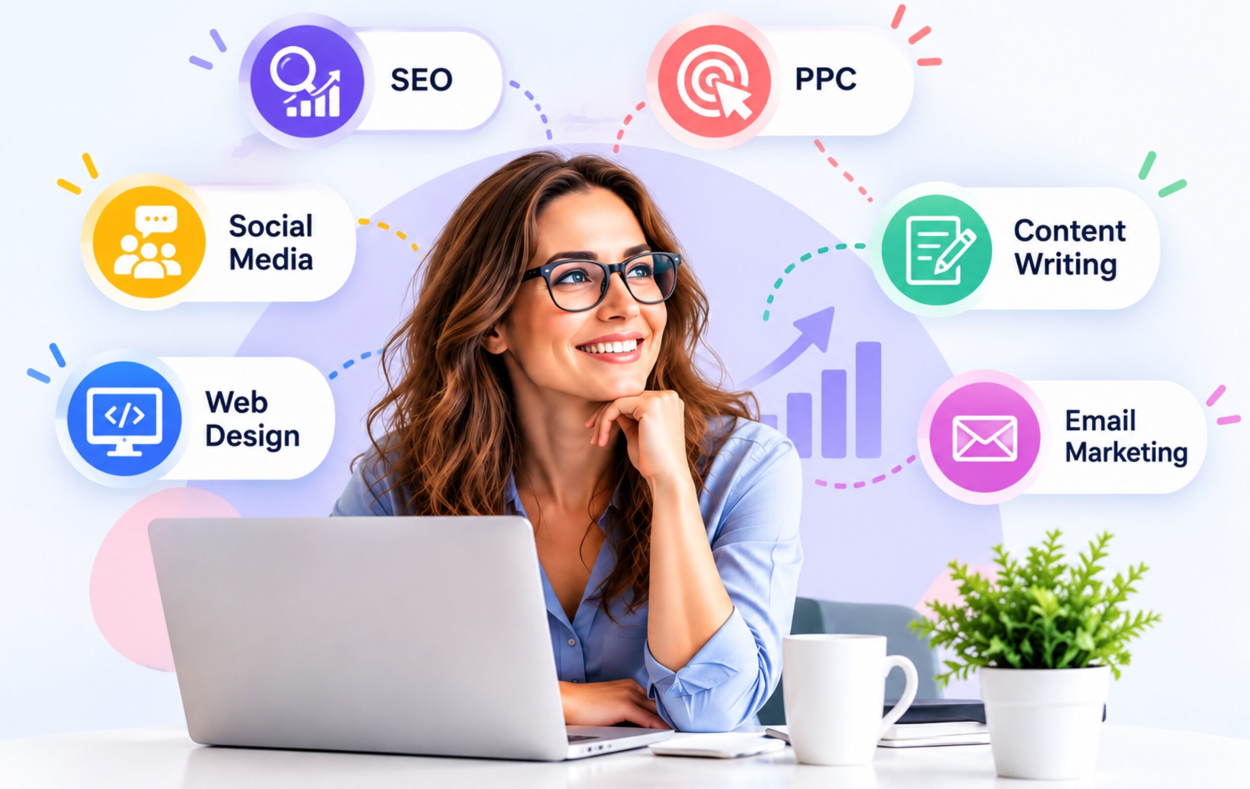 Digital marketing services including SEO, PPC, social media, content writing and web design